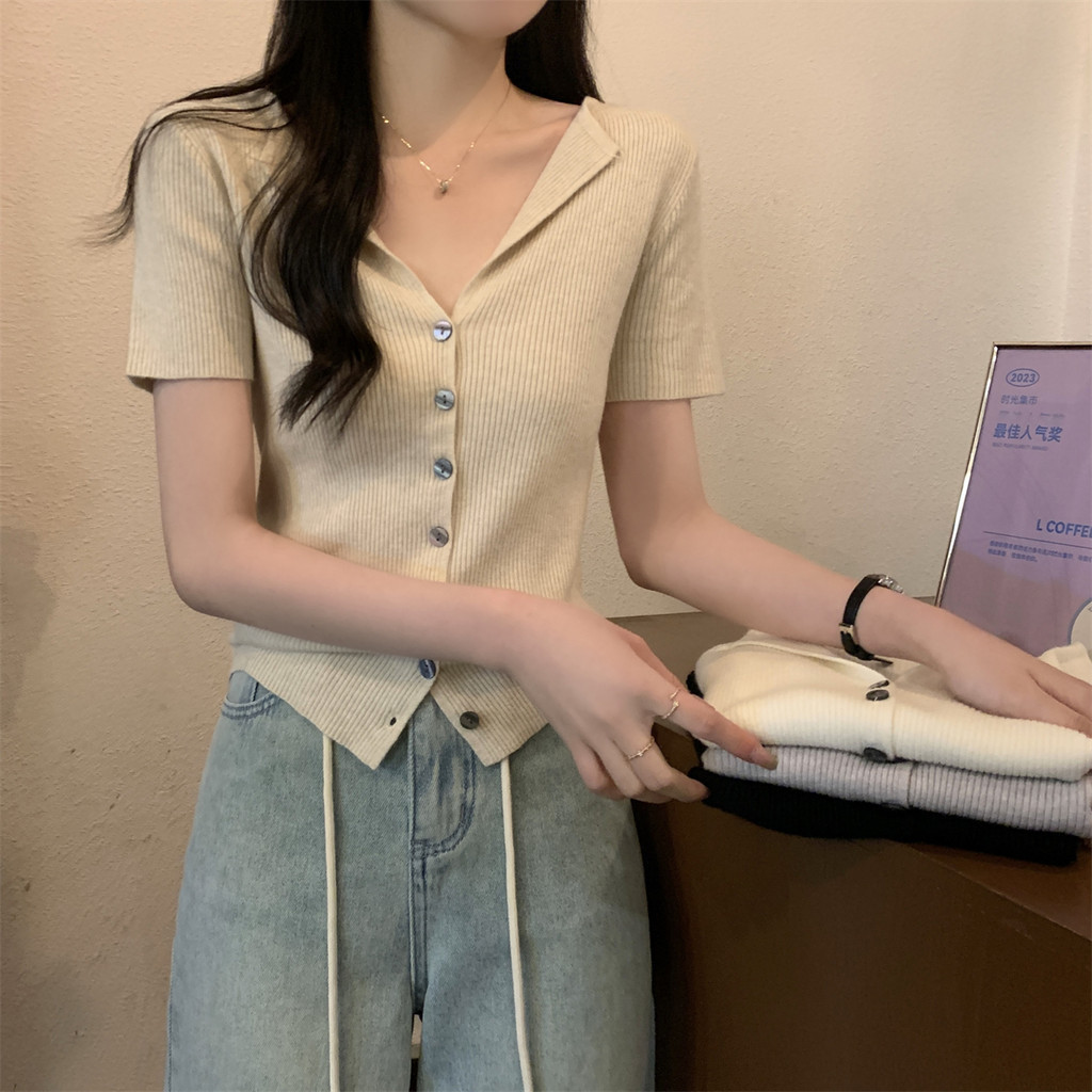 70909 เสื้อคาร์ดิแกน คอปก กระดุมแถวเดียว เข้ากับทุกการแต่งกาย
