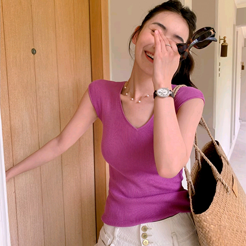 70624 เสื้อกันหนาว คอวี แขนกุด แบบบาง สีขาว สําหรับผู้หญิง