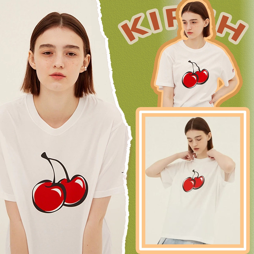 ♞แท้ / พร้อมส่ง KIRSH BIG CHERRY T-SHIRTS 100% Cotton Top crewneck แฟชั่นสไตล์เกาหลี Casual ขาว Sho