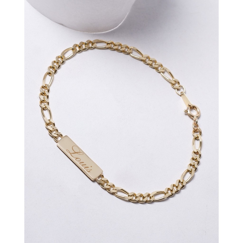 สร้อยข้อมือทองแท้ 9K  Figaro Long Bar Engraved Name Big Size