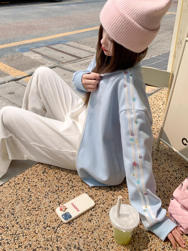 Solovely ผู้หญิง สไตล์เกาหลี ลายทาง แขนยาว แจ็คเก็ต ปักลาย ซิป เสื้อสเวตเตอร์ - รูปที่ 4