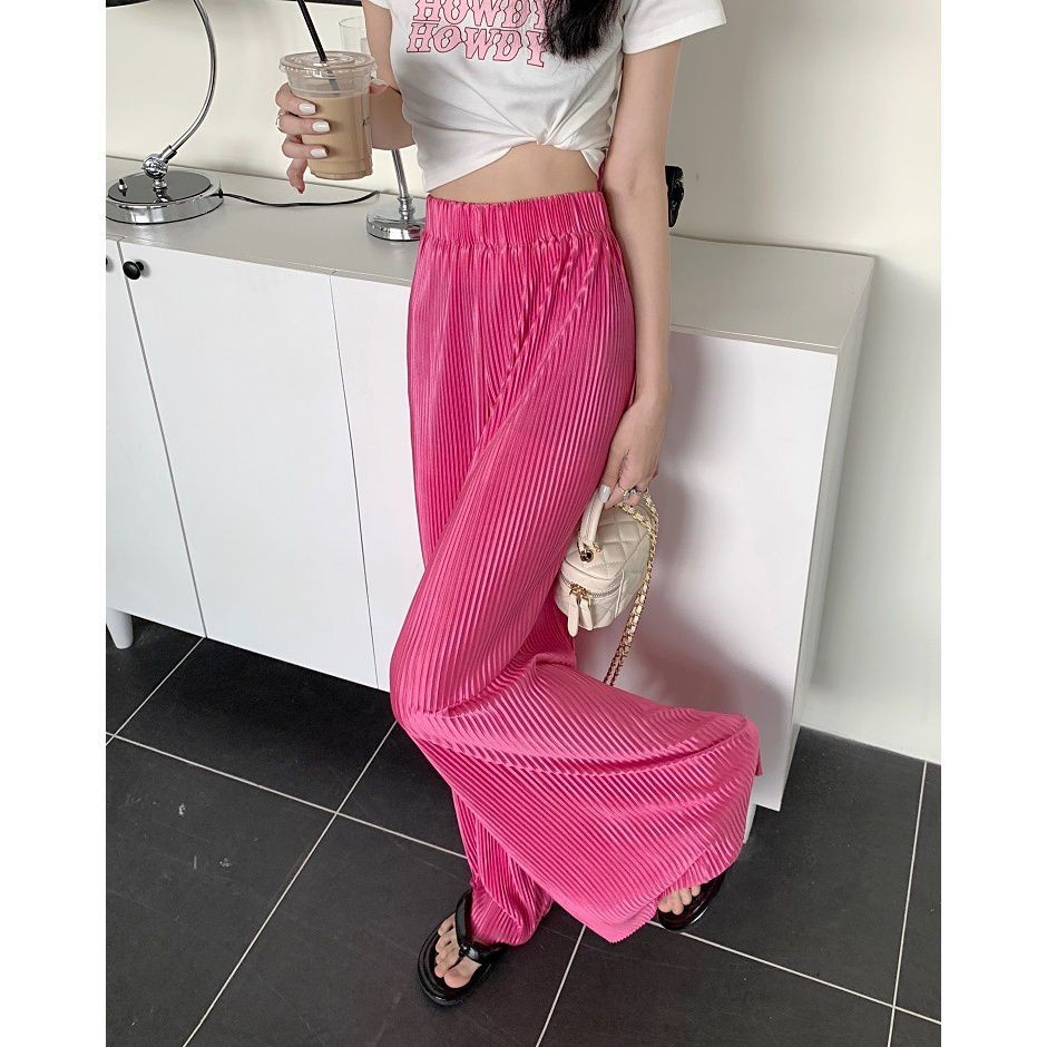 ผ้าไหมน้ําแข็ง Cool Cool Cool Straight-Leg กางเกงผู้หญิงเอวสูงผ้าม่านจีบสไตล์กางเกงขากว้างหลวม Slimmer ดูสบายๆ