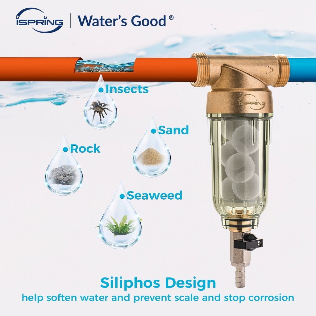 iSpring WSP-50SL Flushable Prefilter Whole House Spin Down Sediment Water Filter Softener ประกอบด้วย Silphos ช่วยป้องกันการกัดกร่อน 50 Micron ทองเหลืองไร้สารตะกั่ว