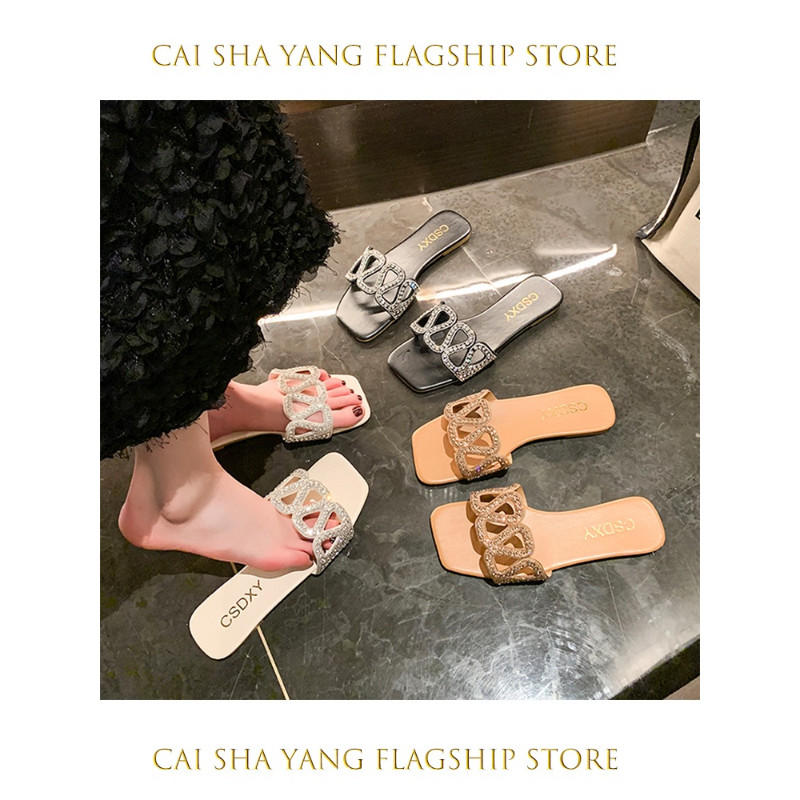 [NEW!!] ♞,♘รองเท้าแตะ rhinestone พื้นแบนสำหรับใส่ด้านนอกในช่วงฤดูร้อนของผู้หญิงปี 2024 เวอร์ชั่นเกา