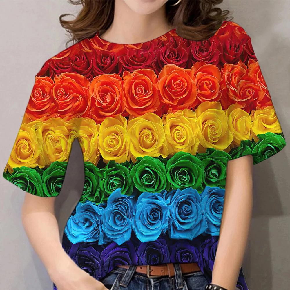 2025 เสื้อยืดลายดอกไม้ เสื้อแฟชั่นผู้หญิงสีรุ้งกุหลาบ สงกราน สูงสุด ลายดอกไม้ ผ้าใส่สบาย