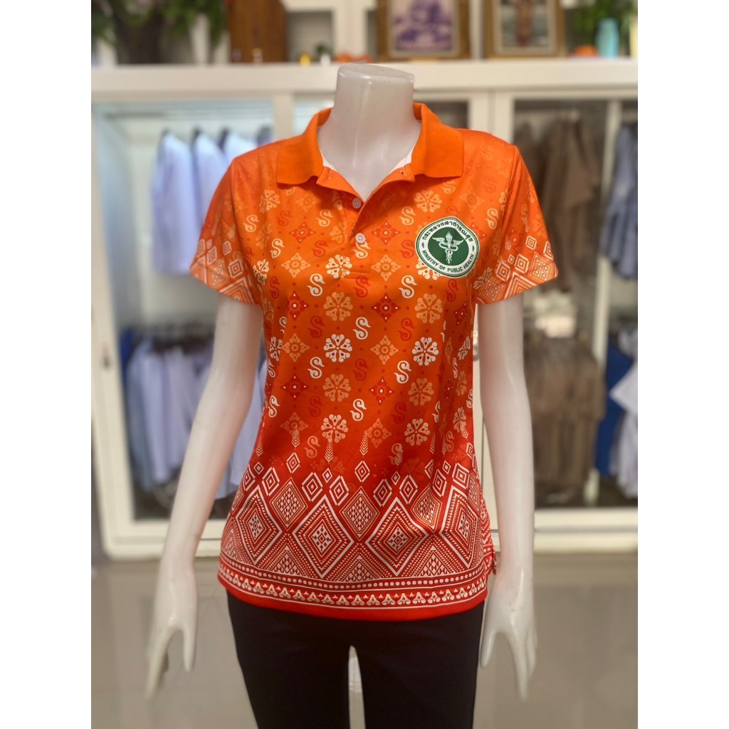 เสื้อพิมลาย สีส้ม ลายขอ ลายดอกรักราชกัญญา