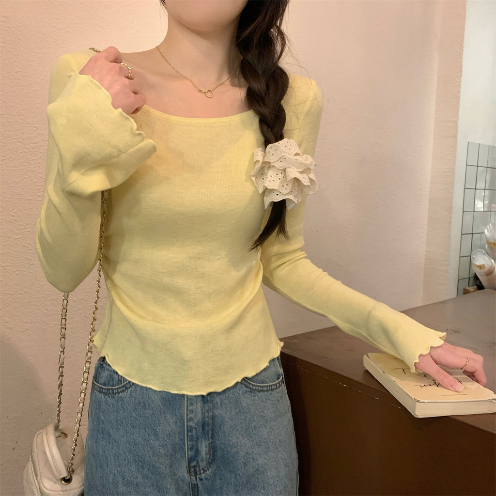 70977 เสื้อแขนยาว คอสี่เหลี่ยม ผ้าถัก แบบบาง สําหรับผู้หญิง