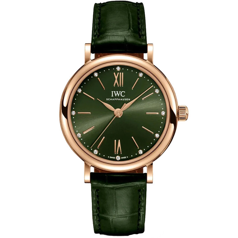 Iwc IWC IWC Botao Fino Rose Gold นาฬิกากลไกอัตโนมัติสุภาพสตรี IW357409จานเขียว