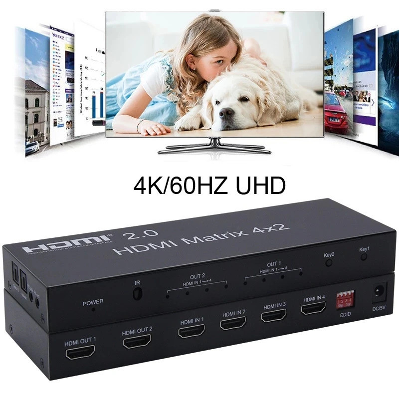 4k 60hz HDMI 2.0 Matrix 4x2 HDMI Matrix สวิตช์แปลงวิดีโอ แยก 1080p HDMI Matrix 2x2 4 เข้า 2 ออกจอภาพคู่ สําหรับ PS4 TV