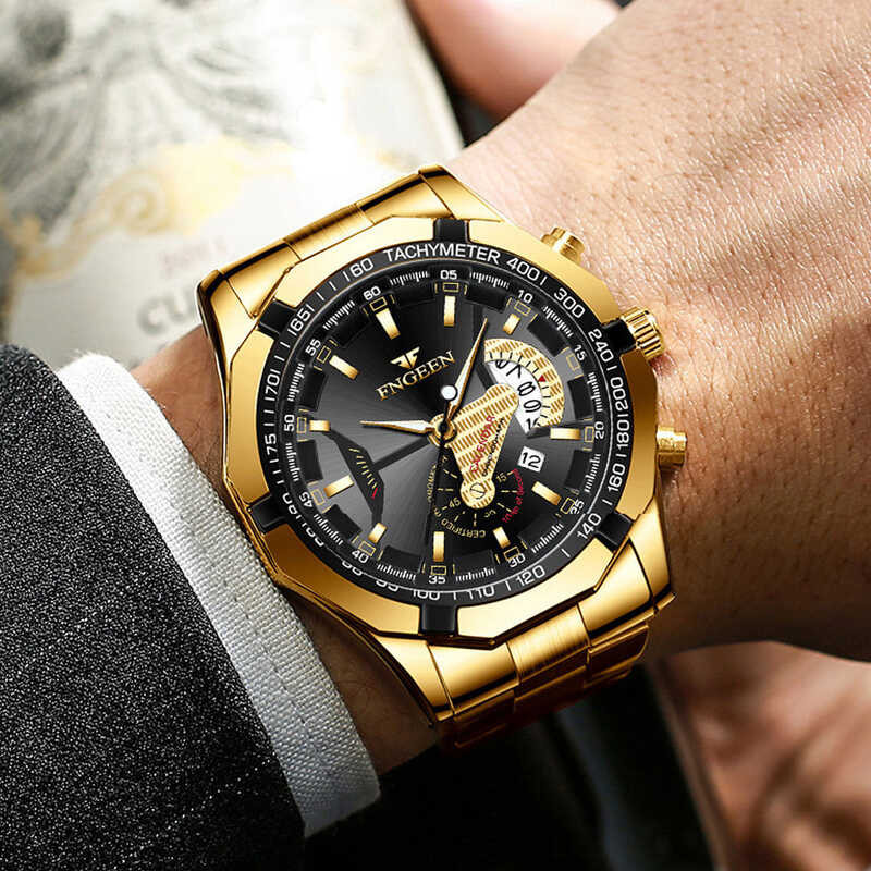 ▣ Fngeen นาฬิกาควอทซ์ผู้ชาย, นาฬิกาแฟชั่นหน้าปัดตกแต