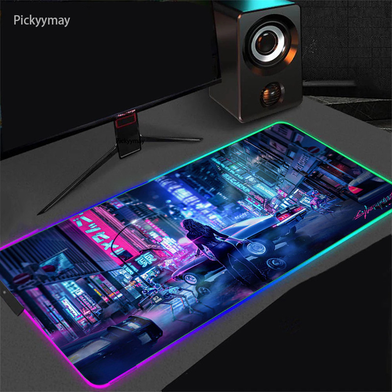 Cyberpunk Gaming Mouse Pad RGB Mousepad Gamer แล็ปท็อปคีย์บอร์ดแผ่นรองเม้าส์สําหรับเล่นเกมขนาดใหญ่ PC ตารางพรมพรม LED พร้อม