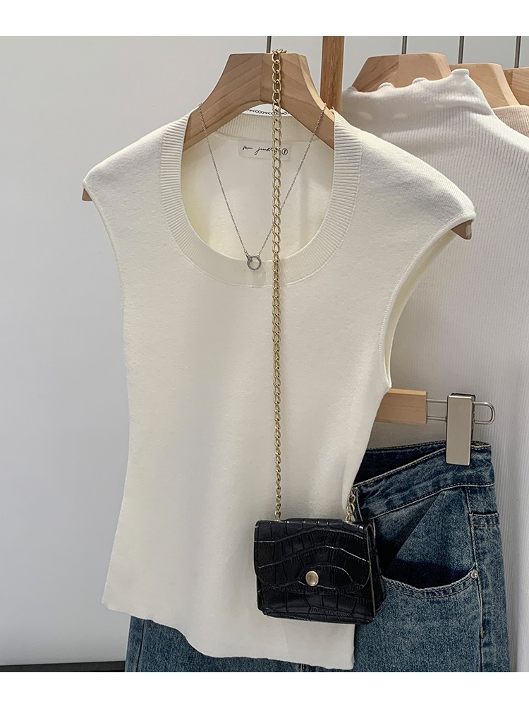 83791เสื้อกั๊กแขนกุดผ้าถักคอกลมเข้ารูปสีพื้น - รูปที่ 6