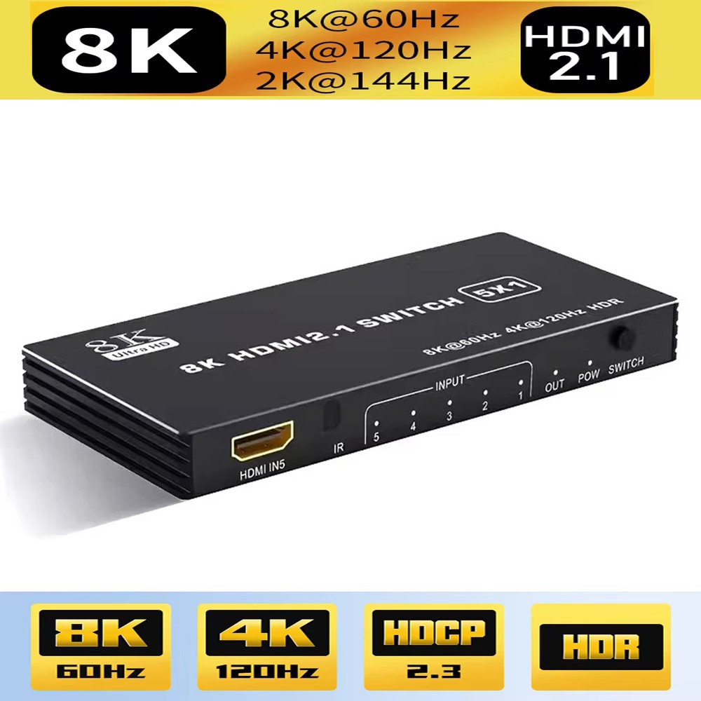 HDMI 2.1 สวิทช์ 4K 120Hz 8k 60hz 5x1 HDMI Switcher 48Gbps HDR10 3D Audio Video Converter 5 in 1 Out 