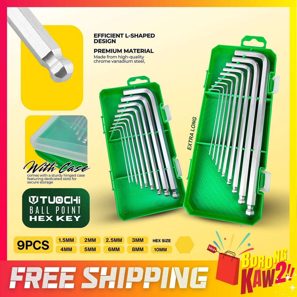 9PCS TUOCHI Ball Point Hex Key พร้อมกรณี 1.5 / 2 / 2.5 / 3 / 4 / 5 / 6 / 8 / 10 มม.ประแจประแจประแจยา