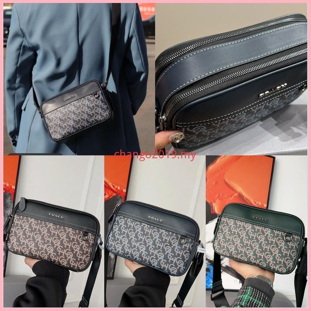 (จัดส่งรวดเร็ว) พร้อมกล่อง Coach CF484 Graham Double Zip Crossbody Bag Monogram Print Men Women Slin