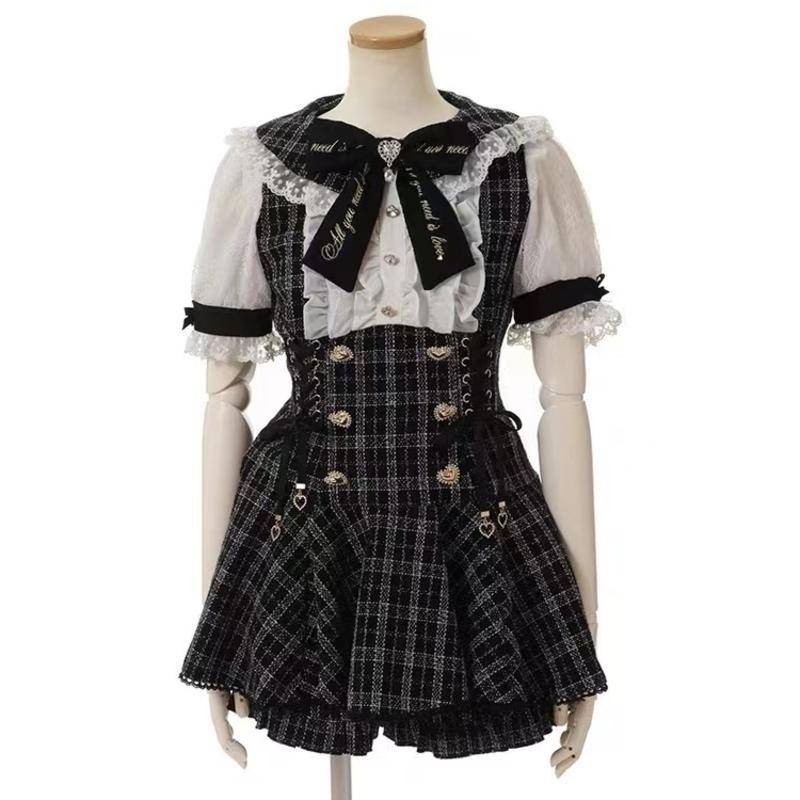 Jirai kei Lizlisa dupes ชุดเสื้อเชิ้ต กางเกงขาสั้น แต่งลูกไม้ สองชิ้น 6222