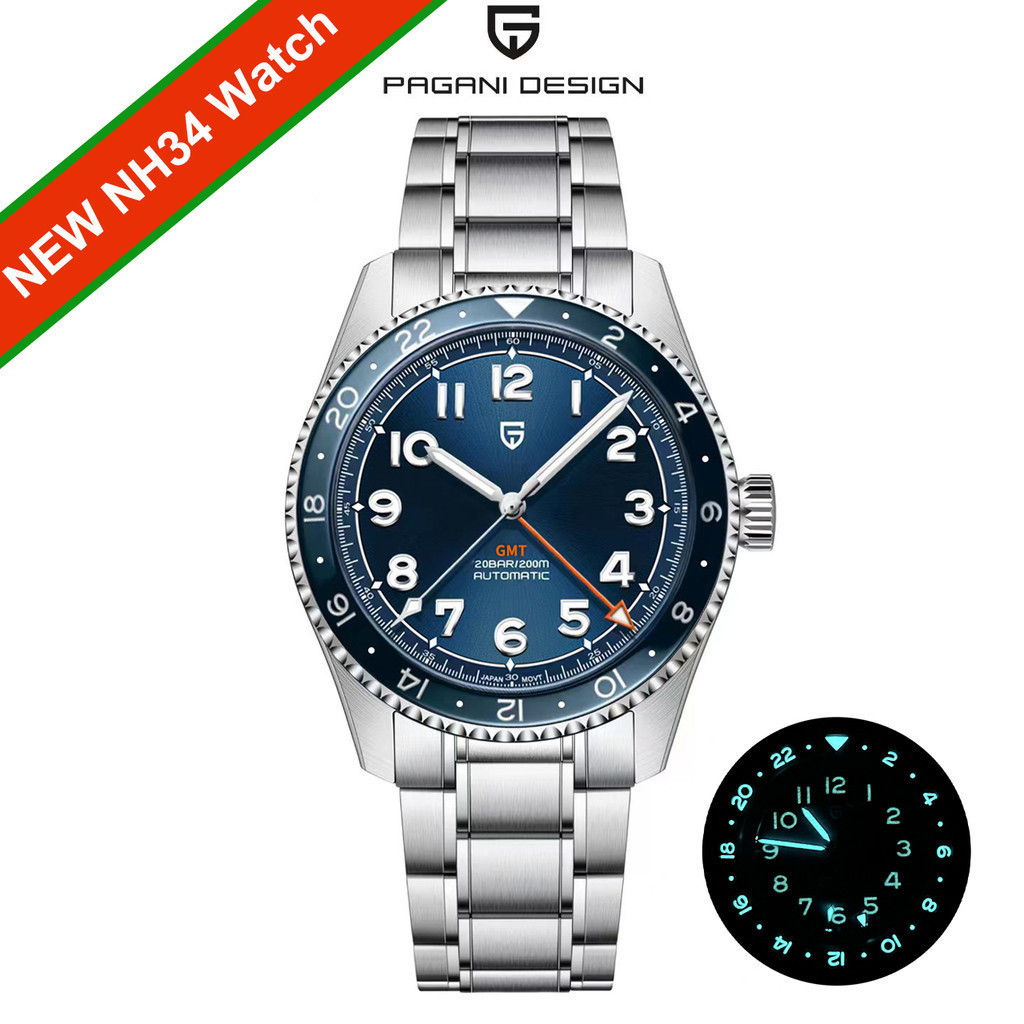 Pagani DESIGN 2024 ใหม่ GMT NH34 นาฬิกาข้อมือ สายแซฟไฟร์ สเตนเลส สําหรับผู้ชาย PD-1784