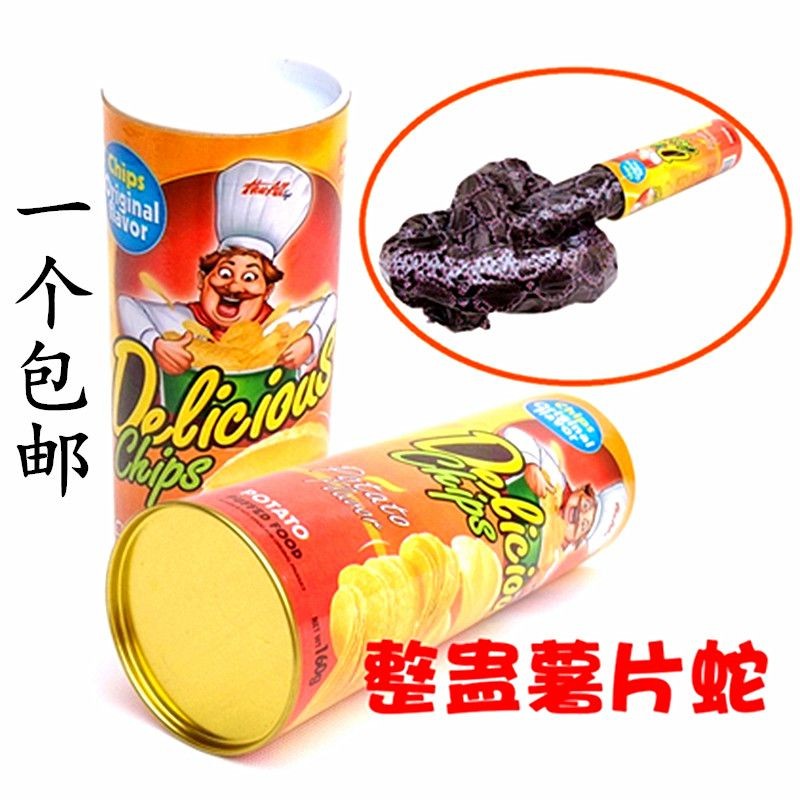 Spoof Potato Chip Snake, Potato Chip Bucket Bouncing Snake Toy, Scared Prank Potato Chips Turn Into 