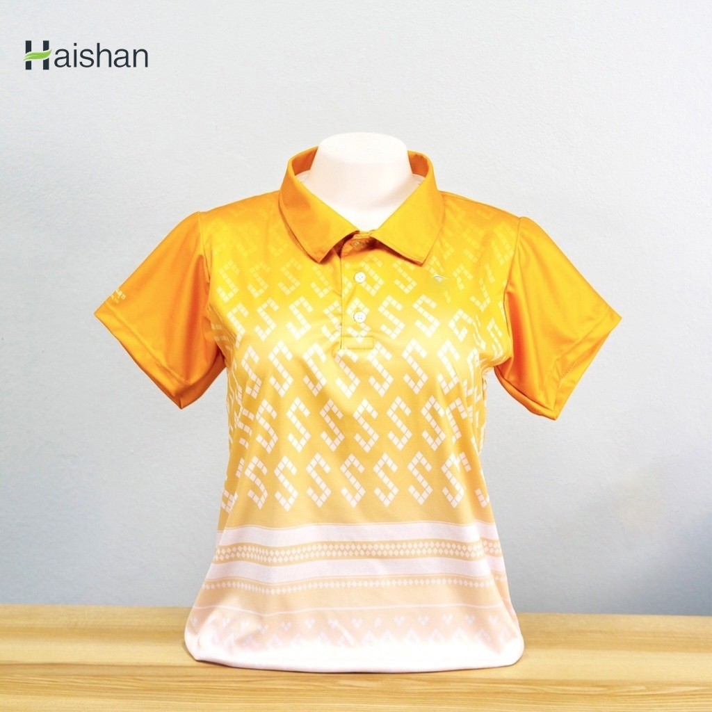 (hai Shan)เสื้อโปโล (ชิคโค่) ทรงผู้หญิง ทรงผู้ชาย รุ่น ลายขอ สีเหลือง (เลือกตราหน่วยงานได้ สาธารณสุข สพฐ อปท มหาดไทย อสม และอื่นๆ)