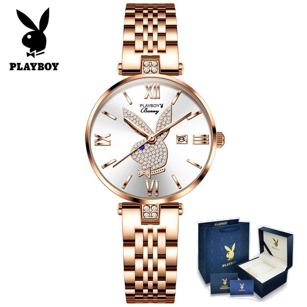 Playboy 2054 นาฬิกาข้อมือควอทซ์ ประดับเพชร ปฏิทิน กันน้ํา เรียบง่าย แฟชั่นสําหรับผู้หญิง