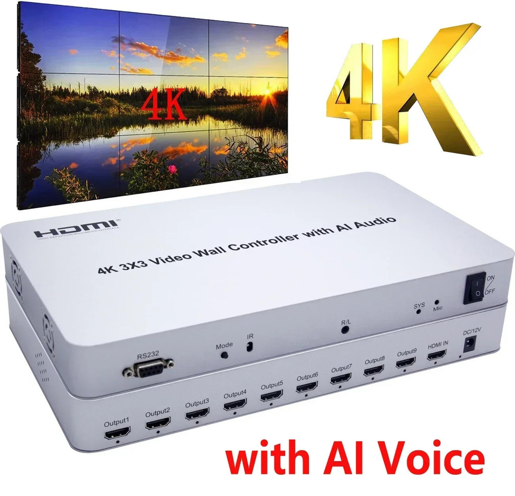 4K 3x3 HDMI Video Wall Controller 1 ใน 9 Out Multi Monitor Splicing โปรเซสเซอร์ทีวี Spanner สนับสนุน