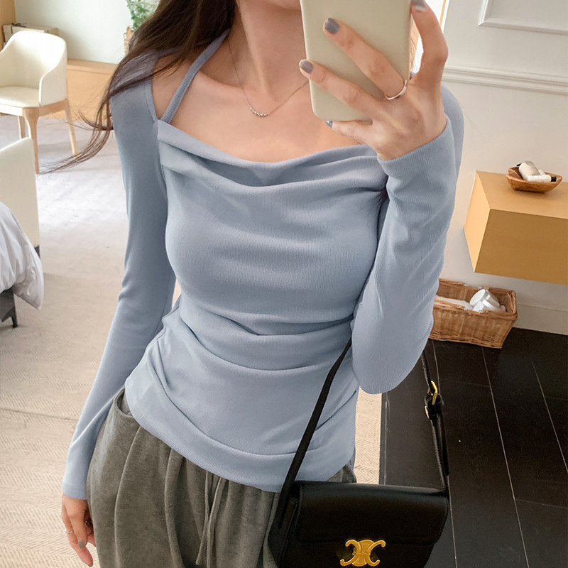 70363 เสื้อยืดแขนยาว คอสวิง ออกแบบดี มีสายคล้องคอ