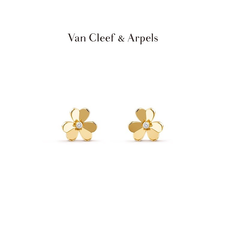 ♞,♘Vca Van Cleef &amp; Arpels Frivole Series ต่างหู ประดับเพชร สีเหลือง ทอง ขนาดเล็ก