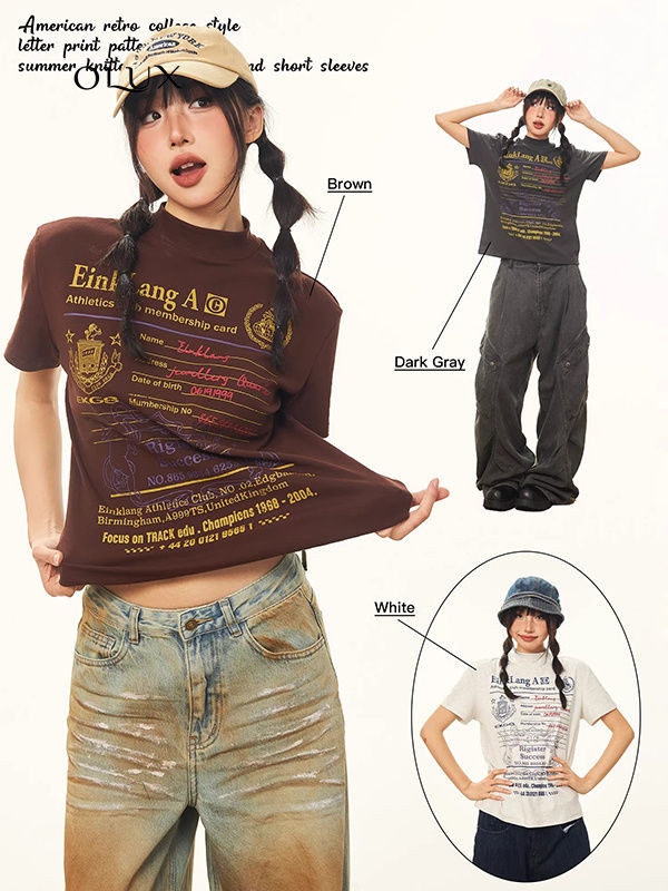 อเมริกันretro Letterพิมพ ์ ของแท ้ ไหล ่ Slim-fit Slimmerดูแขนสั ้ นเสื ้ อยืดผู ้ หญิงฤดูร ้ อนสบายๆรอบคออินเทรนด ์
