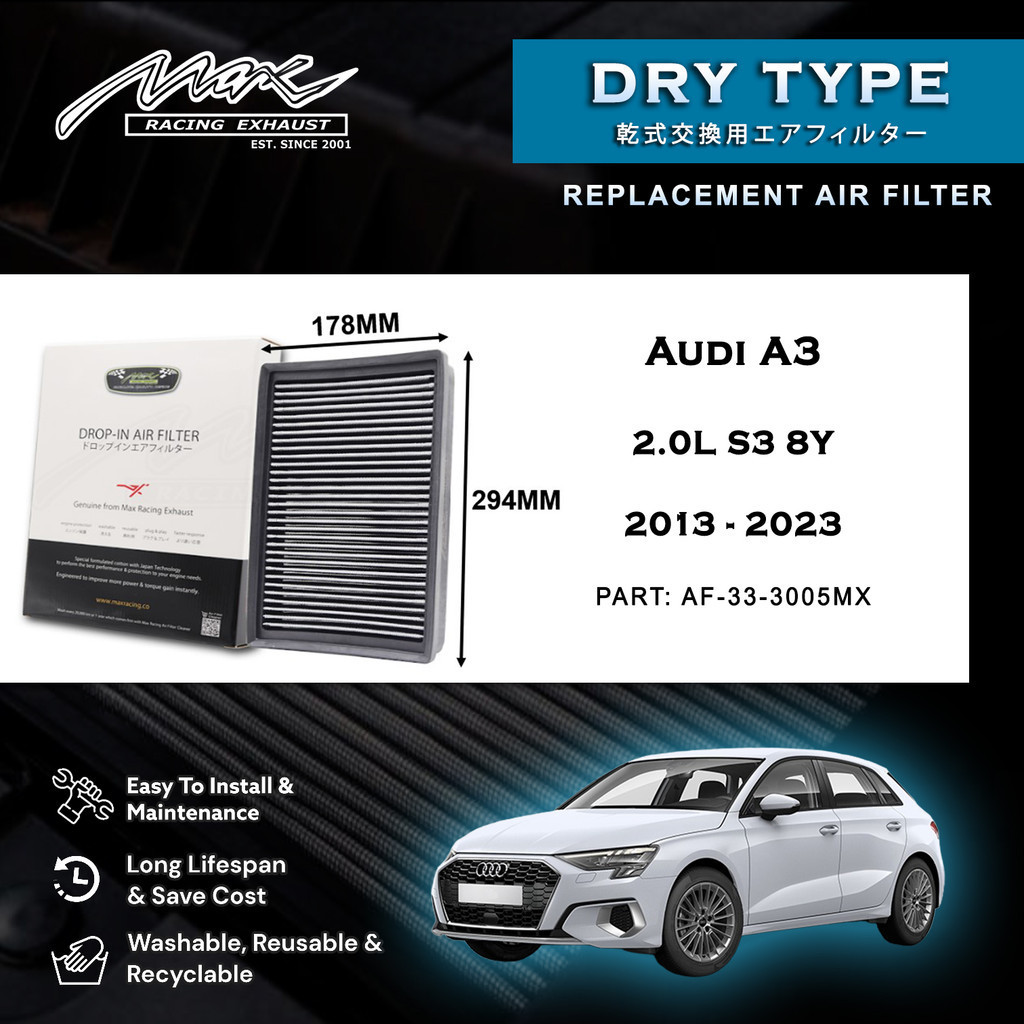 Audi A3 2.0L S3 8Y 2013 ถึง 2023 33-3005MX Max Racing Exhaust Performance Drop-in Dry Type Air Filte