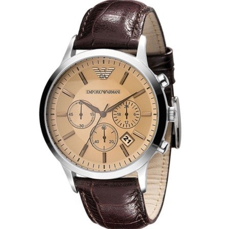 ♞,♘Emporio Armani Men's Classic Chronograph Cream Face Brown Leather Strap Watch AR2433