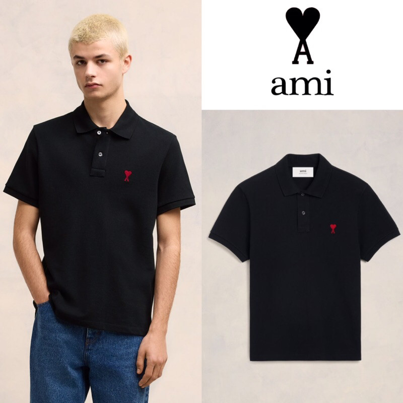 ♞เสื้อโปโลแขนสั้น Ami Paris Black Cotton Ami De Coeur Polo Shirt (สีดำ) gp