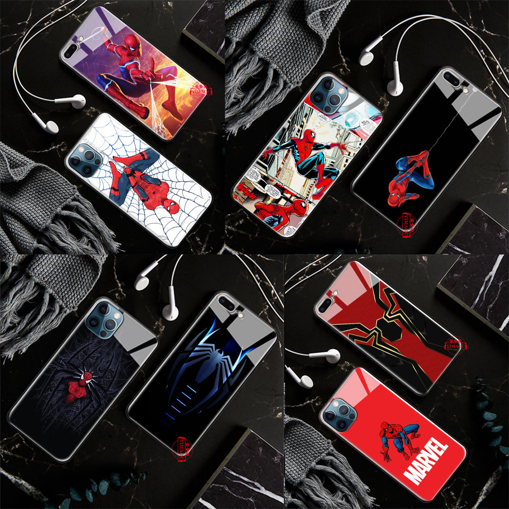 เคสโทรศัพท์มือถือกระจกนิรภัย ลาย Marvel Spiderman สําหรับ iPhone SE 12 Pro Max 13 Mini L185