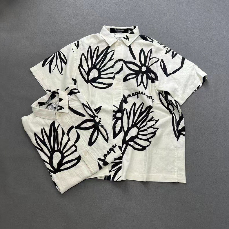 KNZA JACQUEMUS Niche French High Density Cotton and Linen Floral Shirt Summer Vacation Hawaiian Sty