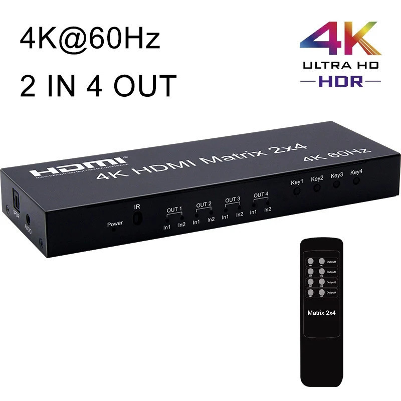 4k60hz HDMI Matrix 2x4 Matrix HDMI Switch 2 in 4 Out HDMI Splitter Switcher Audio Extractor สําหรับกล้องแล็ปท็อปพีซีไปยังทีวีมอนิเตอร์