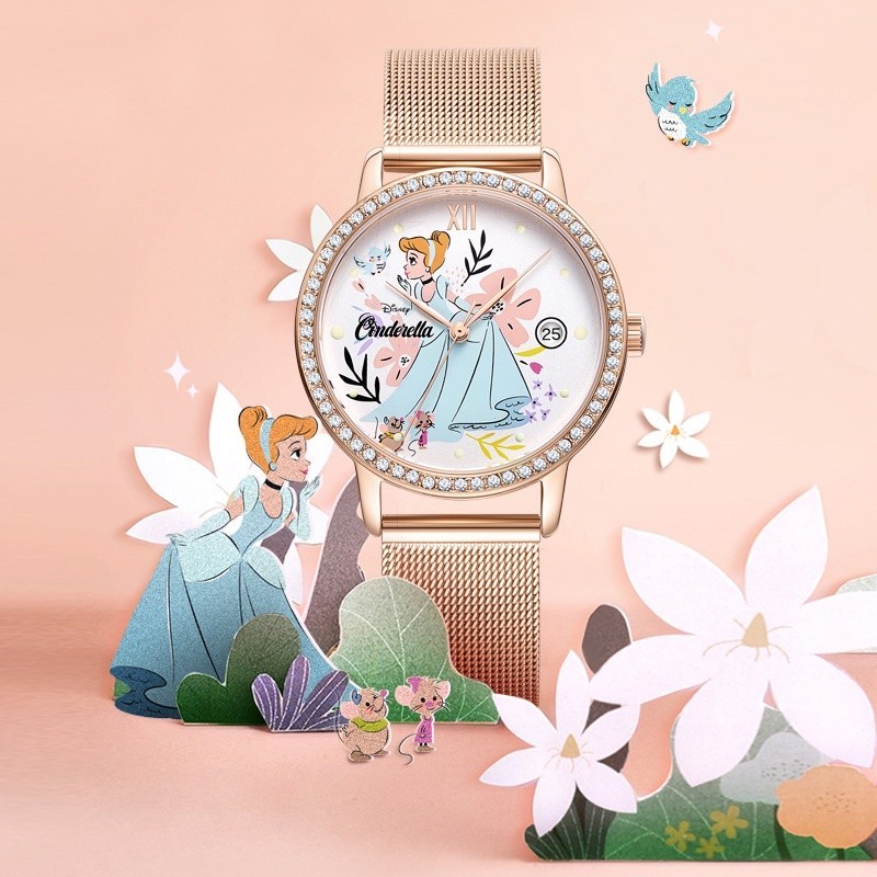 Disney MK-11500 Analog ควอตซ์นาฬิกาหิมะสีขาวสายหนังกันน้ำนาฬิกาผู้หญิงสีชมพูน่ารักเด็กเพชรนาฬิกาของ