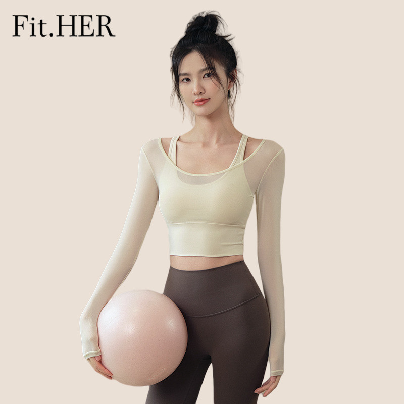 Fit HER เสื้อโยคะ ผู้หญิง ฤดูใบไม้ผลิและฤดูร้อน เสื้อกีฬา พร้อมแผ่นอก รัดรูป บาง อุณหภูมิระดับยาว แฟชั่น วิ่ง เทรนนิ่ง เสื้อผ้าฟิตเนส