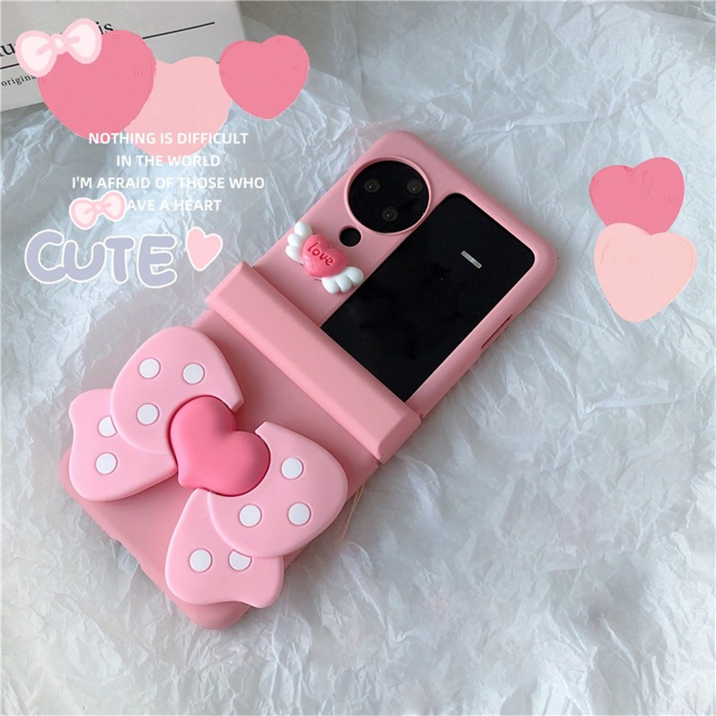 เกาหลีน่ารักซิลิโคน Bow Love Heart Bracket สีชมพูเคสโทรศัพท์สําหรับ oppo Find N2 Flip N2Flip ค้นหา N3 Flip N3Flip ฝาครอบพร้อมขาตั้งผู้ถือ