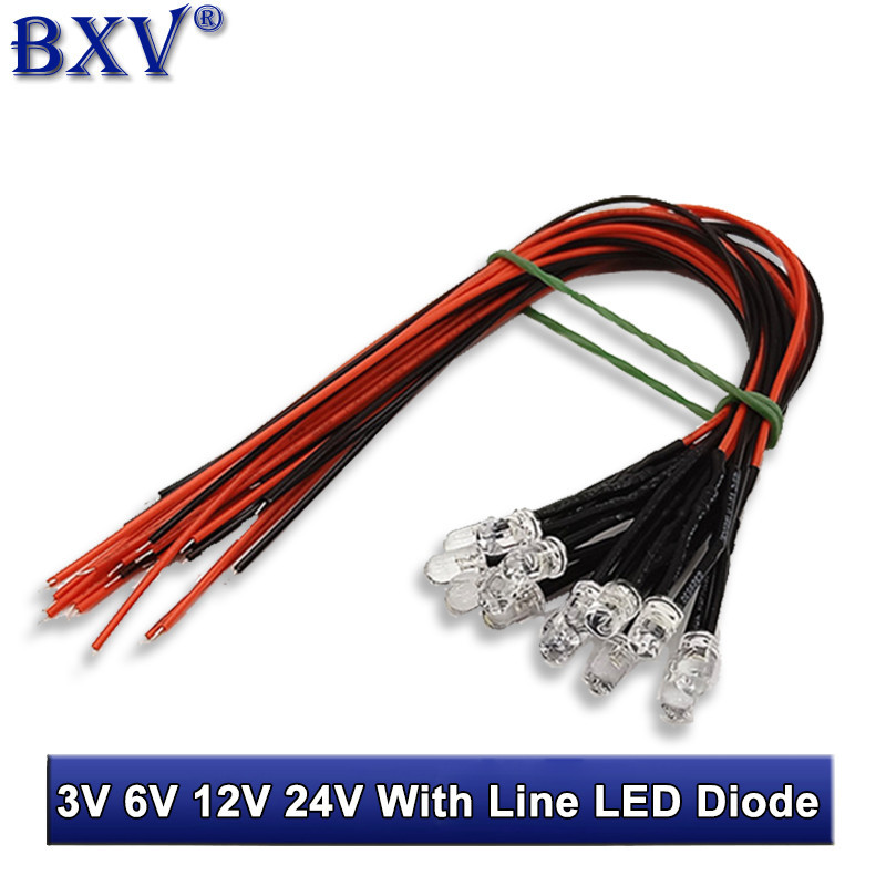 ไดโอดเปล่งแสง LED 24V 12V 3-6V 5 มม. พร้อมสายไฟ LED 12V ความยาวสาย 20 ซม. สีขาว แดง เขียว เหลือง น้ําเงิน ส้ม 10 ชิ้น