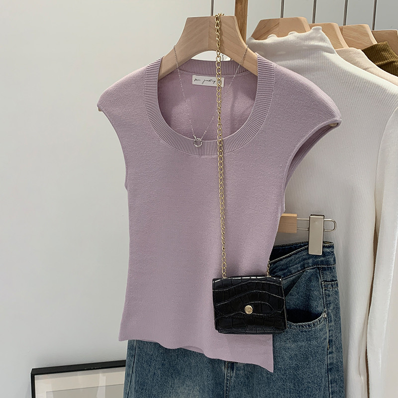 83791เสื้อกั๊กแขนกุดผ้าถักคอกลมเข้ารูปสีพื้น - รูปที่ 2