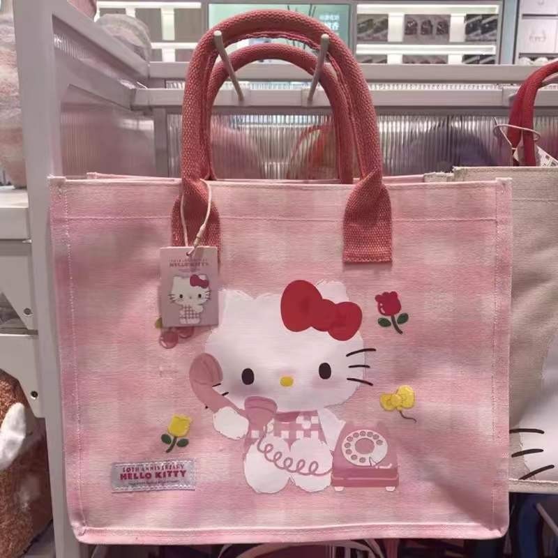 ღ-ღHelloKitty Cartoon Printed Portable Canvas Handbag Hello Kitty Printed Shopping Bag