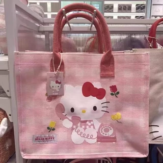 ღ-ღHelloKitty Cartoon Printed Portable Canvas Handbag Hello Kitty Printed Shopping Bag