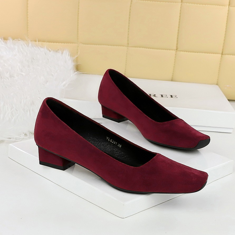 BIGTREE Fashion Simple Square Toe Shoes สบาย Low-Heel Womens Shoes 3cm