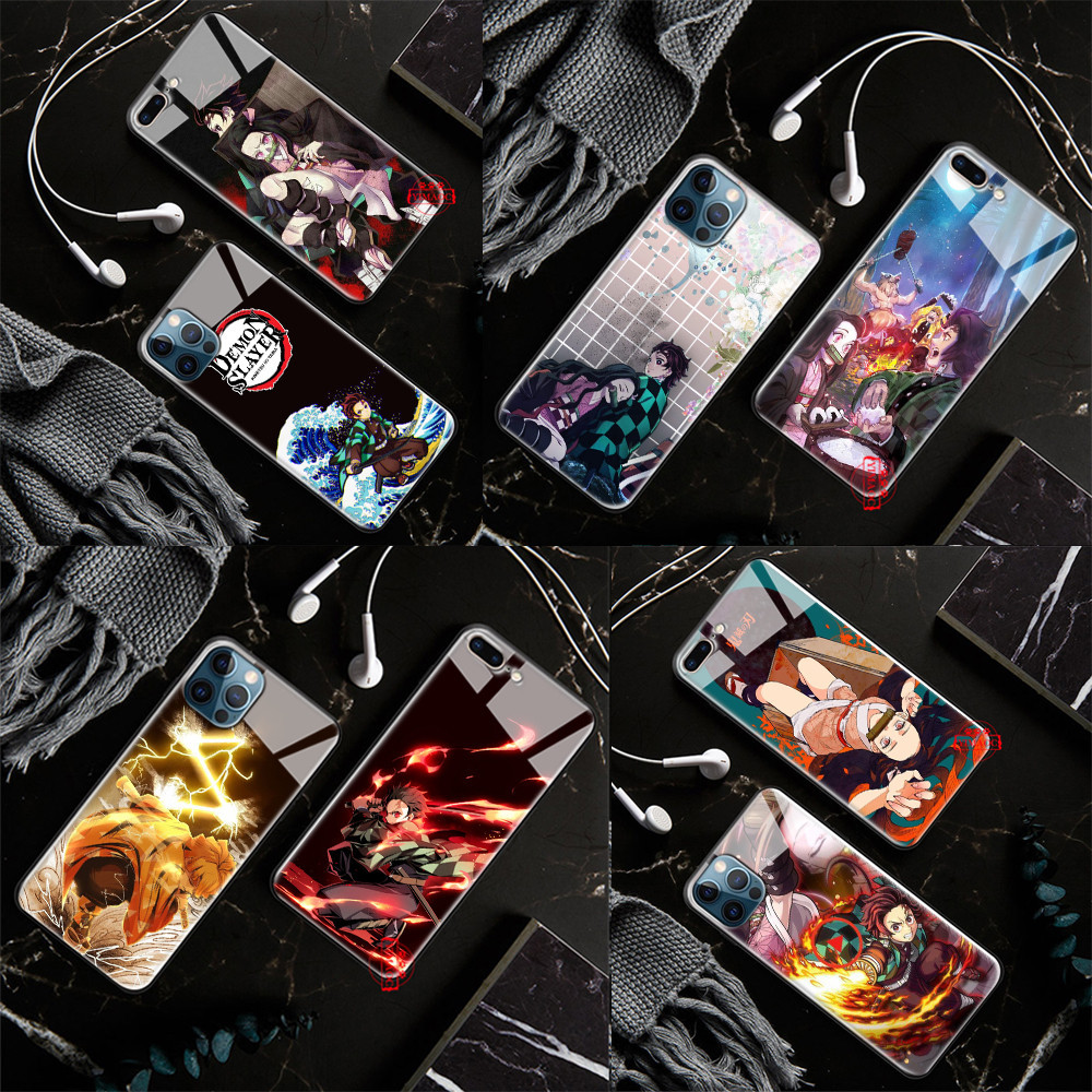 เคสโทรศัพท์มือถือกระจกนิรภัย ลายการ์ตูนอนิเมะ demon slayer สําหรับ iPhone 14 15 Pro Max L52