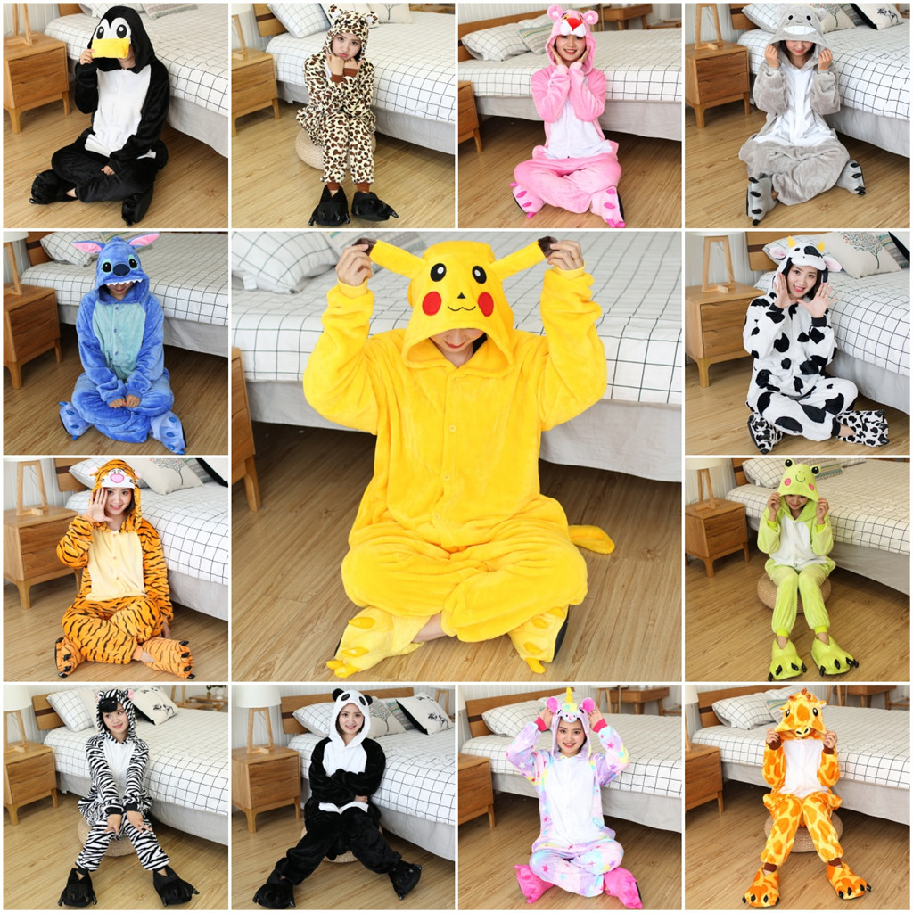 Kigurumi Pikachu Panda สัตว์ชุดนอนผู้ใหญ่น่ารักกบหมีการ์ตูน Onesies ชุดนอน