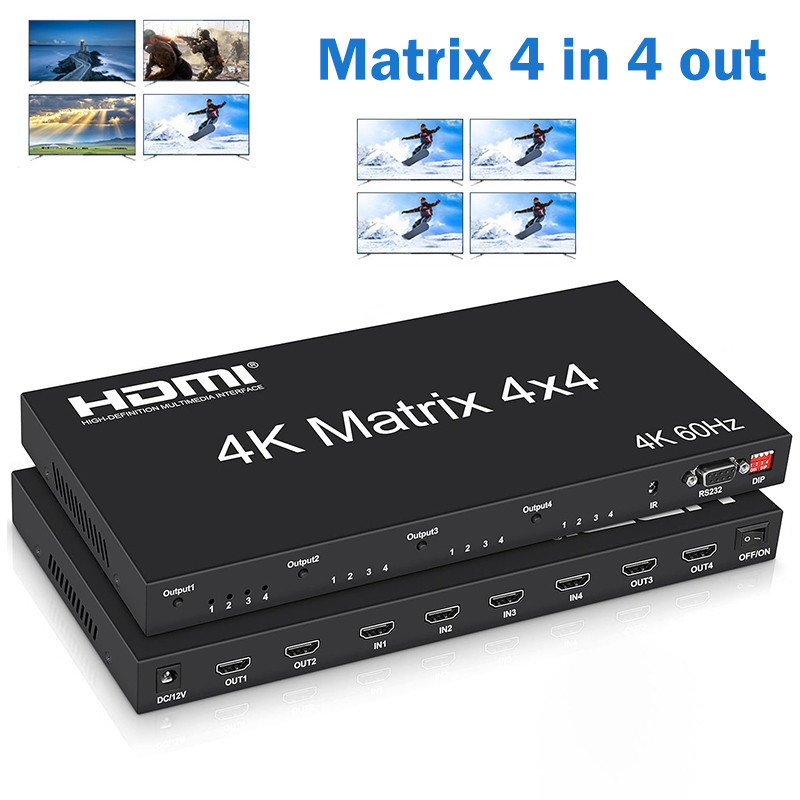 4K @ 60Hz HDMI Matrix Switch 4 in 4 out HDMI2.0 Matrix Switcher Splitter 4x4 Video Signal Selector E