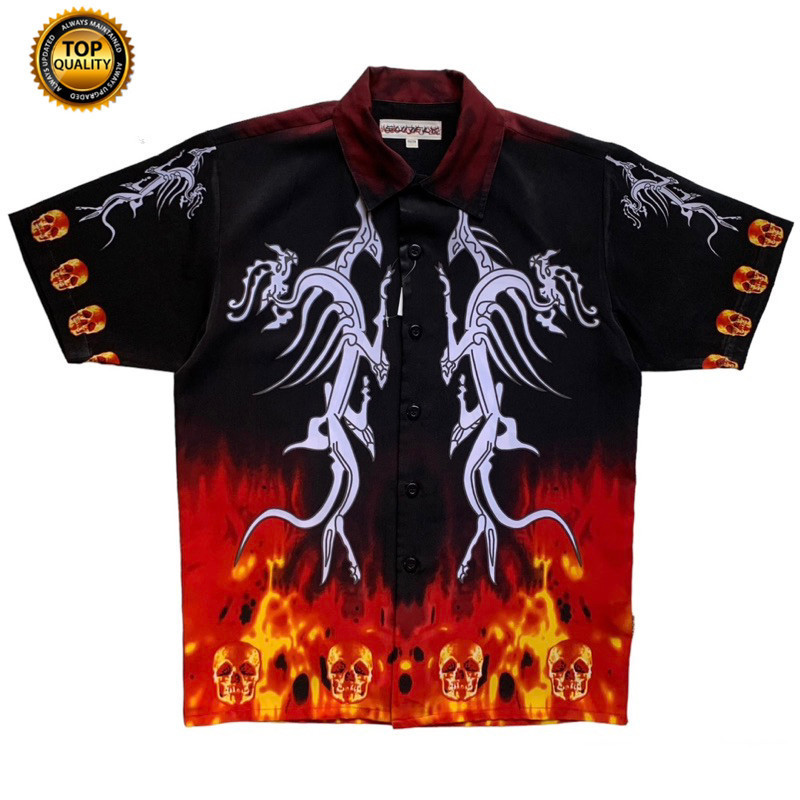 เสื้อฮาวาย ลายกราฟิกมังกรคู่ บนพื้นกระโหลกไฟ ดำ-แดง