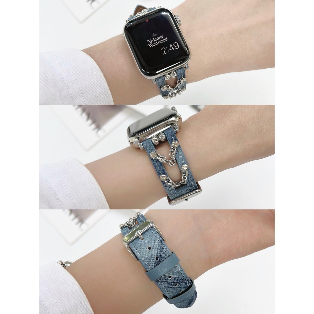 สายนาฬิกาข้อมือ หนังวัวแท้ แต่งรูกลวง สําหรับ Apple Watch S9 iWatch8765SE