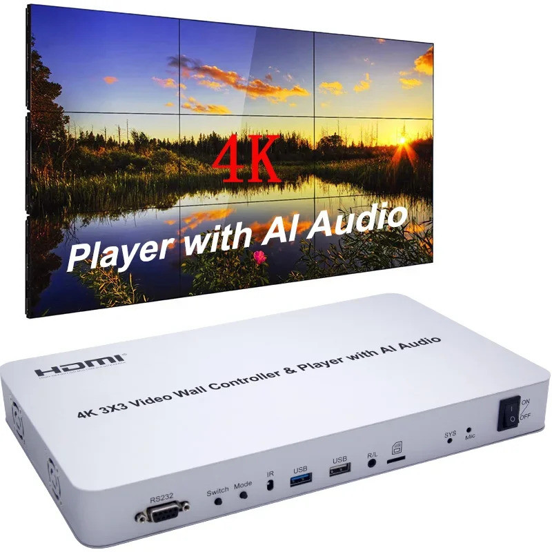 4K 3x3 อัจฉริยะ Voice Video Wall Controller เครื่องเล่น USB พร้อม AI Audio 2x3 1x4 Multi Screen Stit