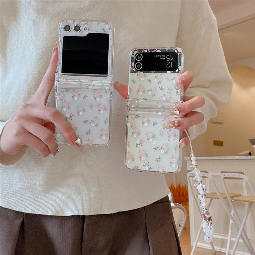 เกาหลีน่ารักเต็มหน้าจอดอกไม้โปร่งใสกรณีที่มี tar ดอกไม้แขวนสร้อยข้อมือสําหรับ Samsung Galaxy Z Flip 7 6 Z Flip6 ZFlip 5 Zflip6 Zflip7 กันกระแทกปกหลัง