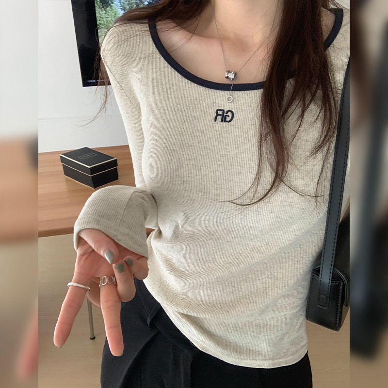 70292 เสื้อยืดแขนยาว คอปัก สีตัดกัน สําหรับผู้หญิง